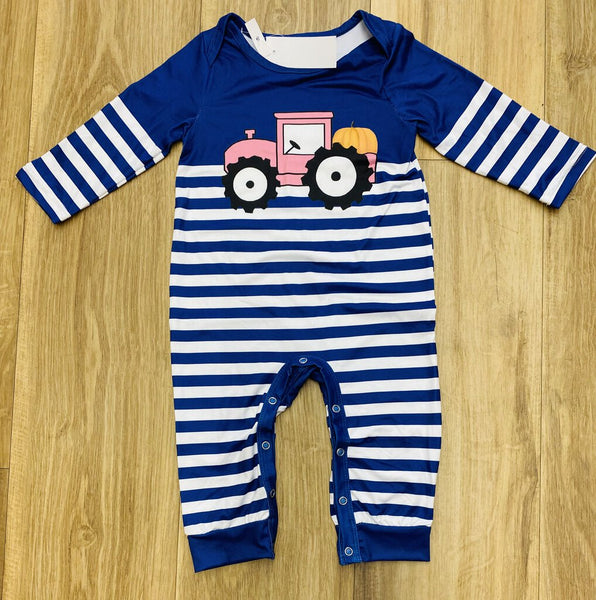 Striped Tractor Pumpkin Romper NWT