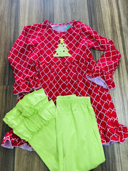 Christmas tree dress w/ lime ruffle pant set